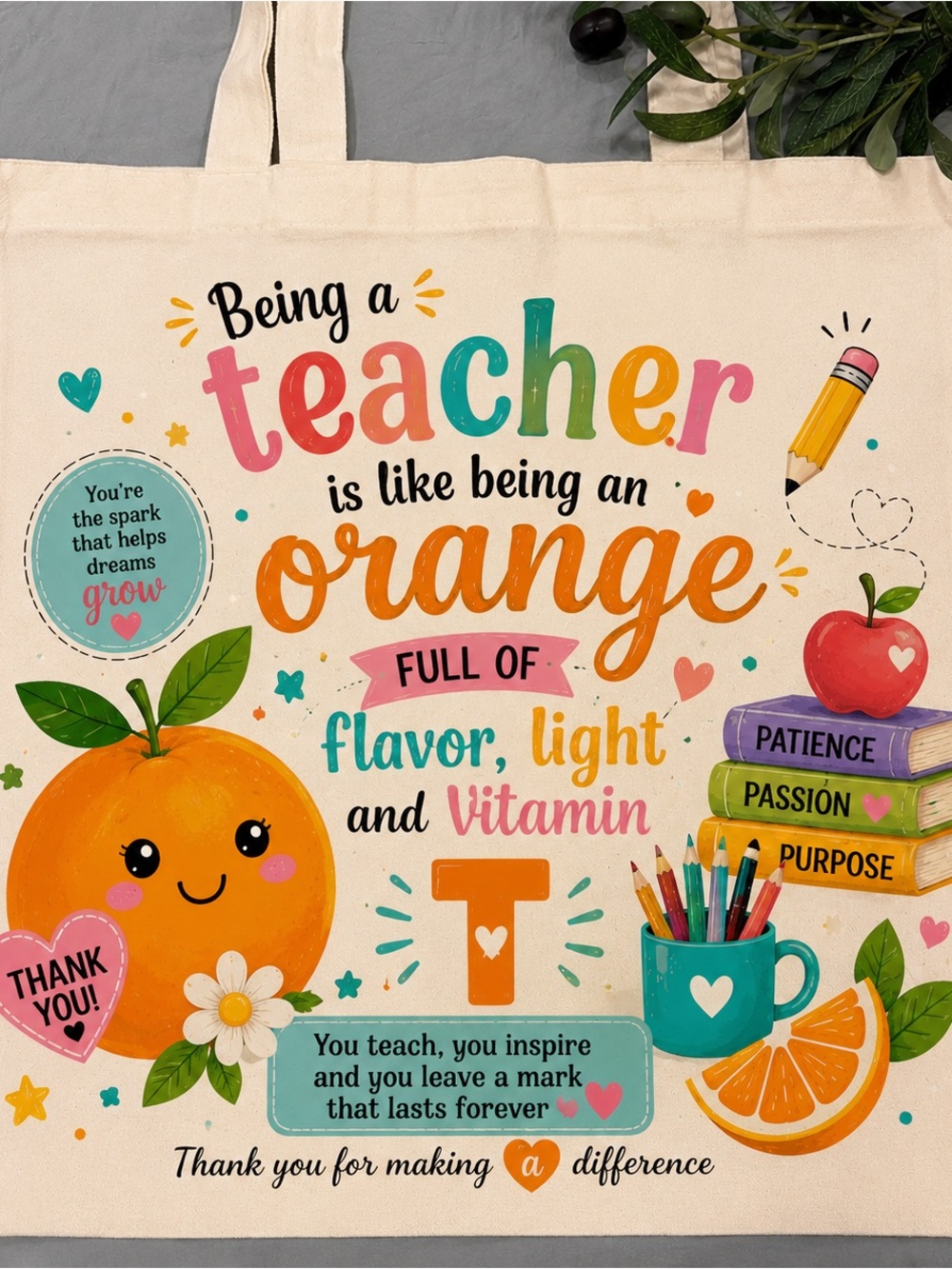 Teacher Orange Graphic Tote Bag - Cute Canvas Teacher Gift